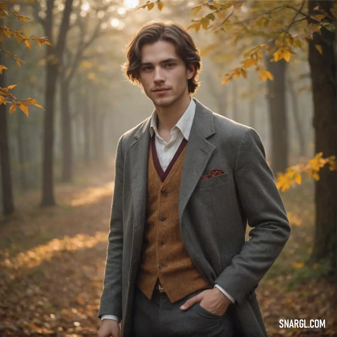 Man in a suit standing in a forest with trees in the background