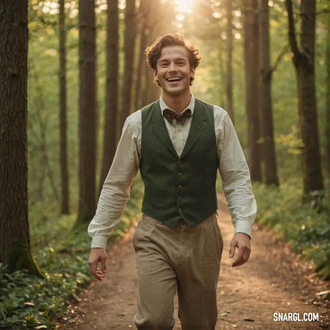 Man in a vest and bow tie walking down a path in the woods with trees in the background
