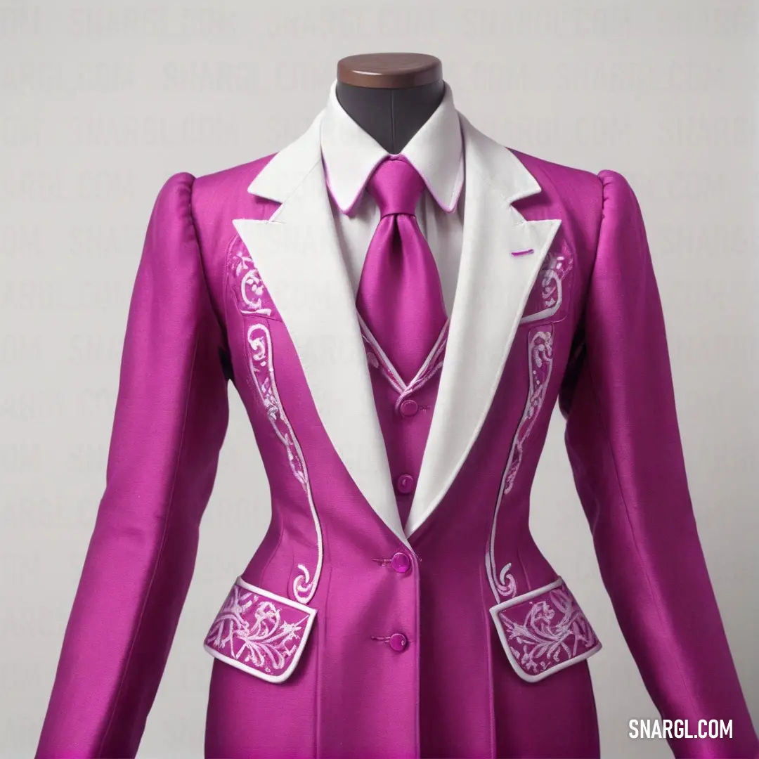Pink suit with white trim and a white shirt and tie on a mannequin's head