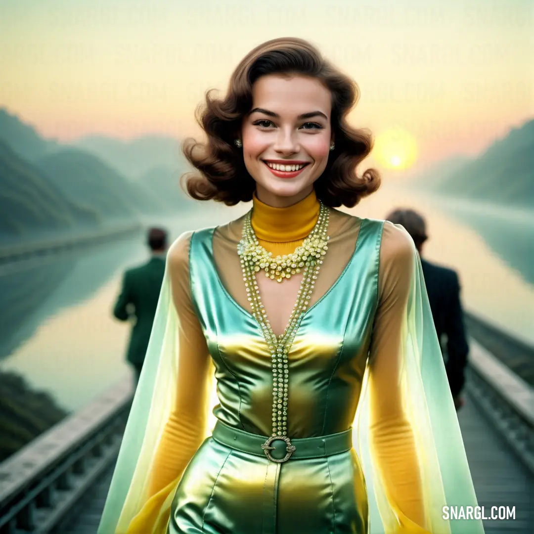 Woman in a green dress standing on a bridge with a man in the background wearing a suit and a necklace