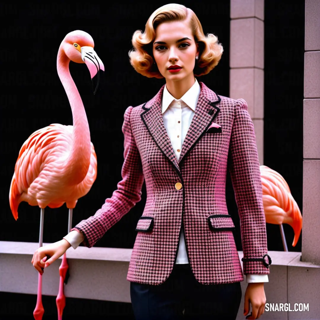 Woman in a pink suit and pink flamingos behind her are two pink flamingos standing on a ledge