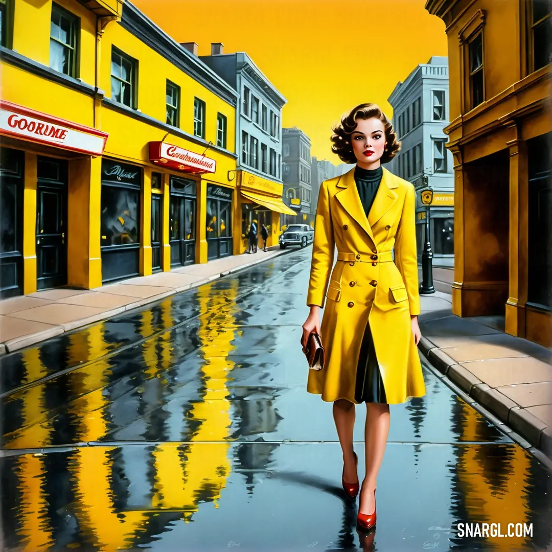 Woman in a yellow coat is walking down the street in the rain with a red purse in her hand