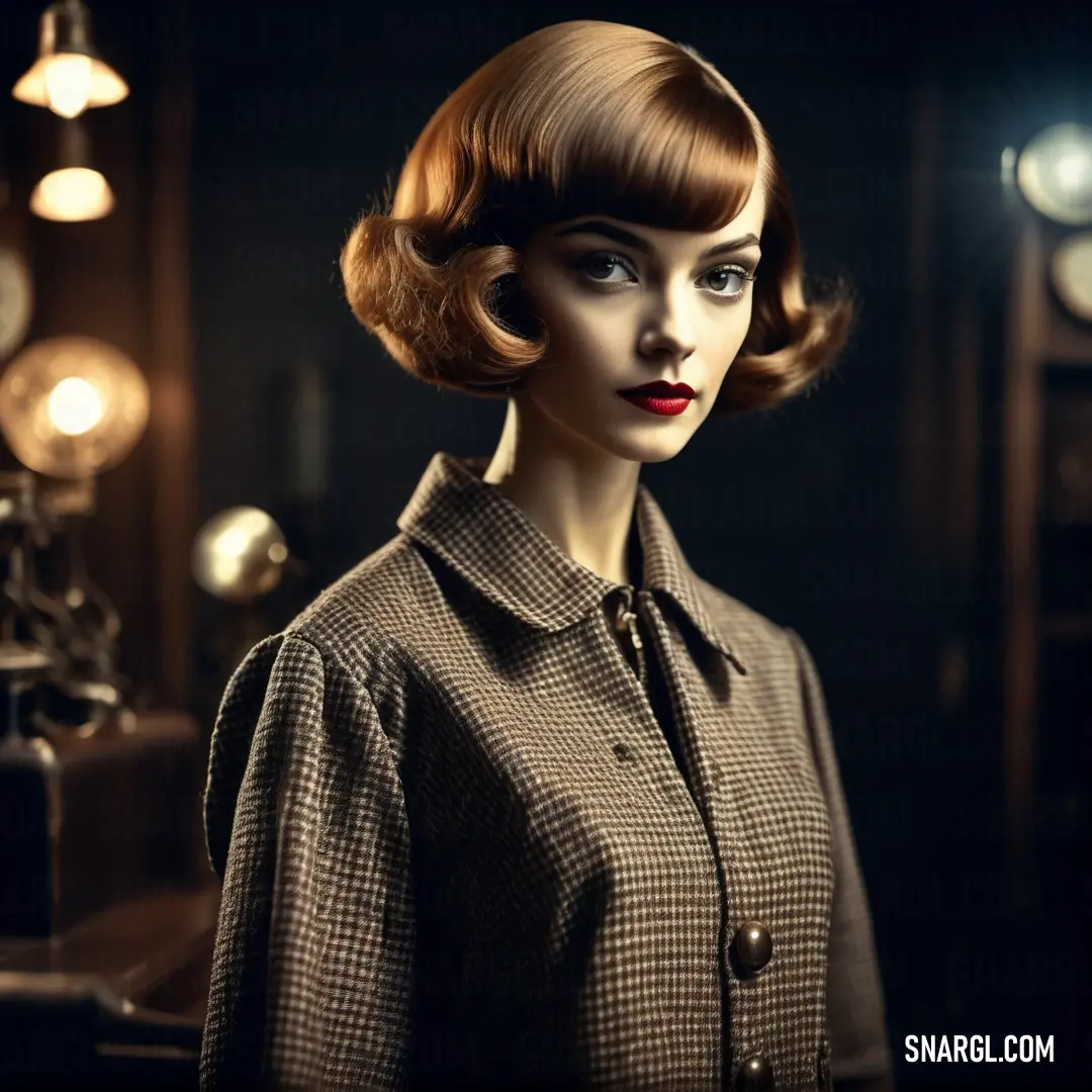 Woman with a short haircut and a red lipstick is standing in a dark room with a clock on the wall