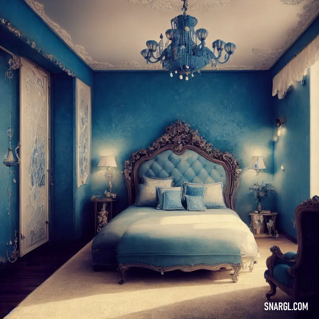 Bedroom with a blue wall and a fancy bed with a blue headboard and foot board and a chandelier
