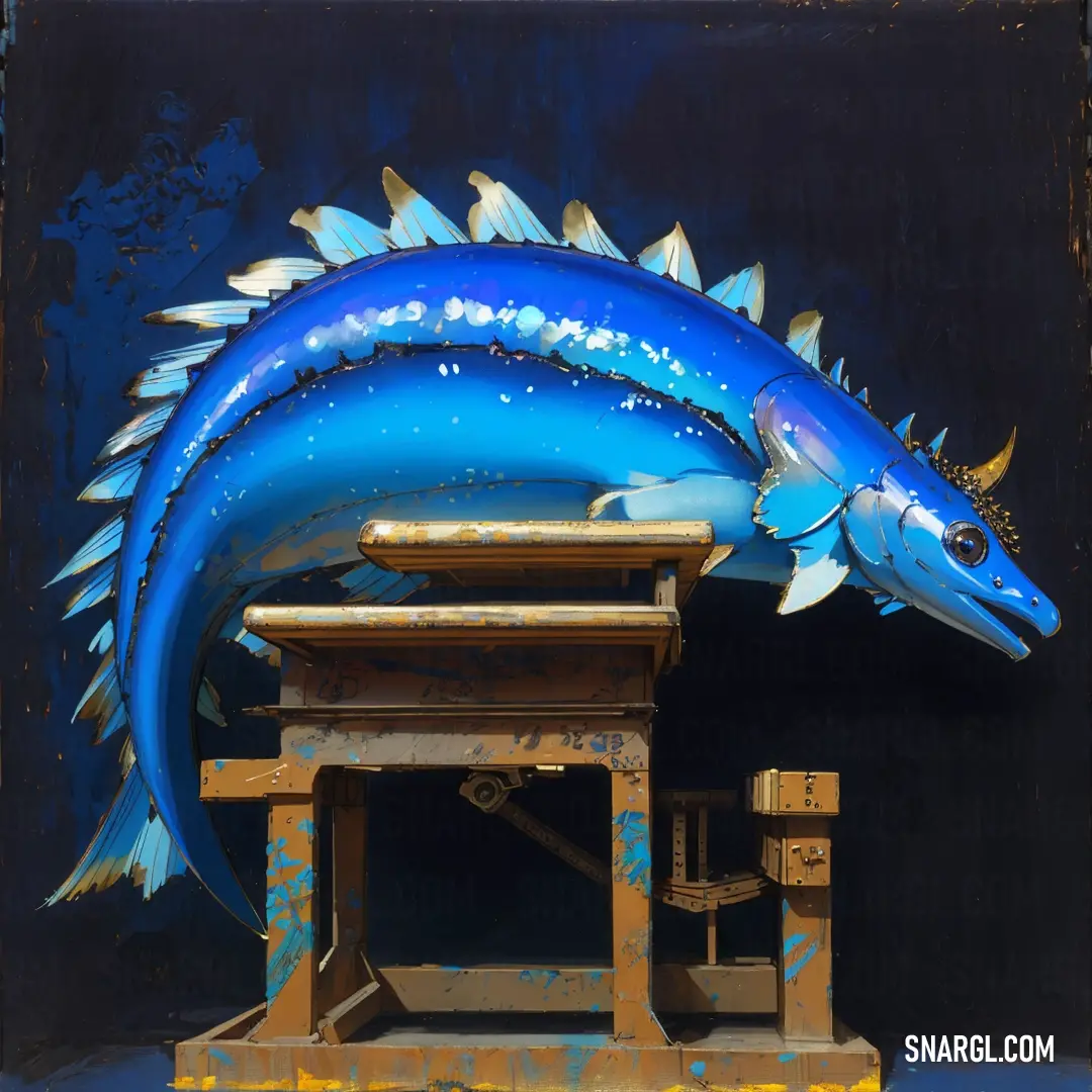 Blue dragon sculpture on a black background next to a table and chair with a small wooden table on it