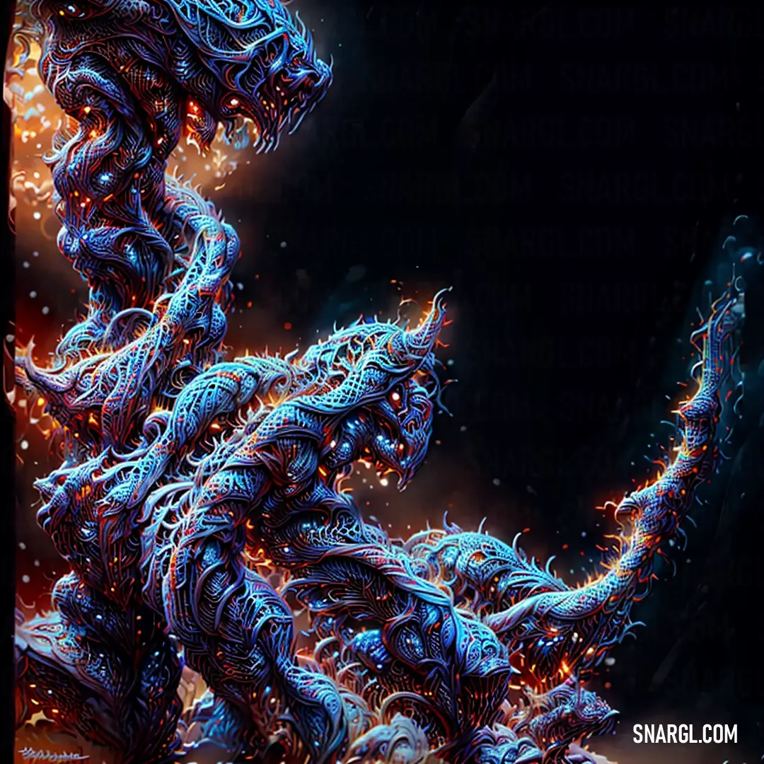 Digital painting of a dragon with fire and water swirling around it's body and tail