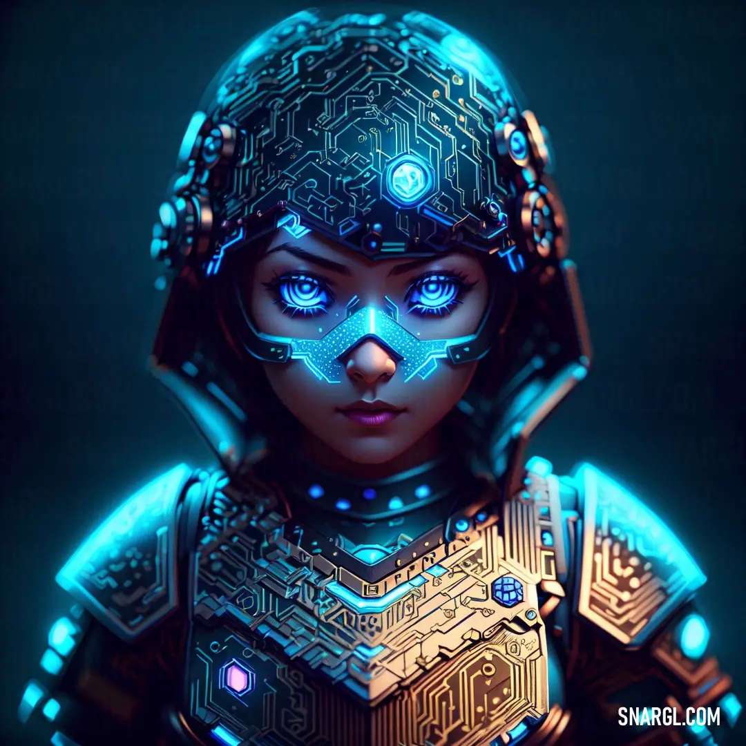 Futuristic woman with blue eyes and a futuristic suit on her chest