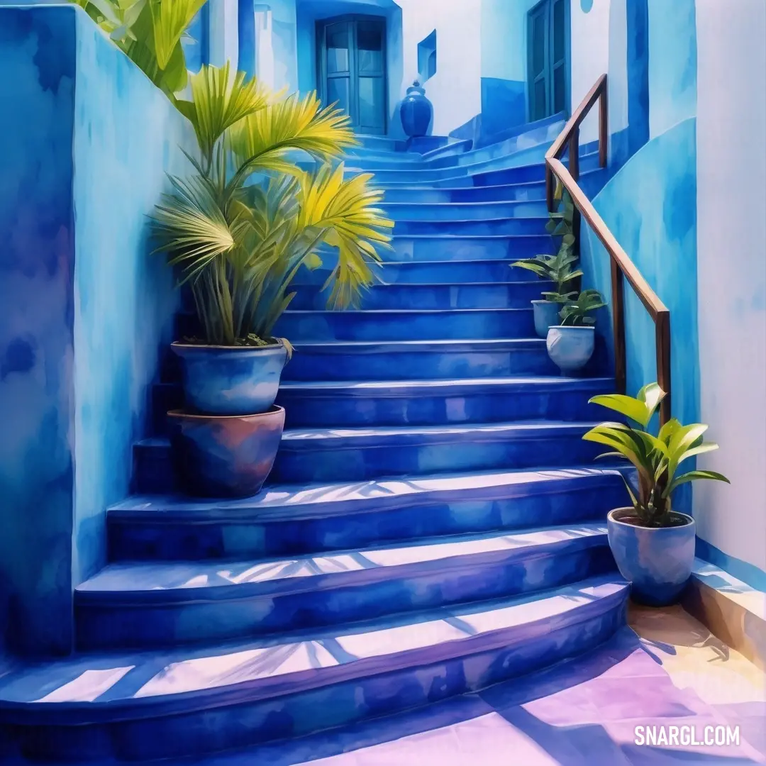 Painting of a blue staircase with potted plants on it and a blue wall behind it. Example of CMYK 72,58,0,30 color.