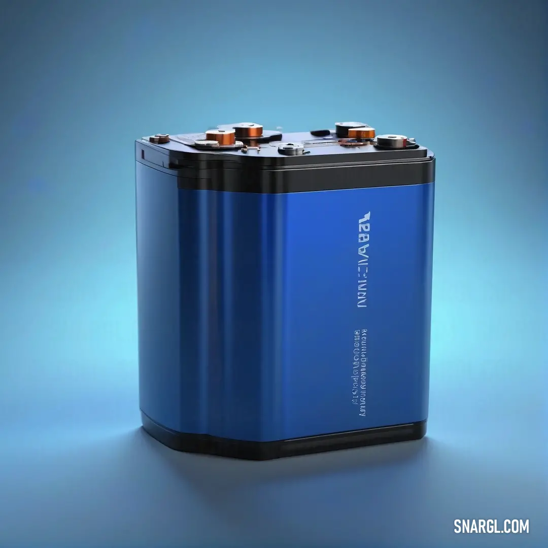 Blue battery with two orange batteries on it's side and a blue background. Color RGB 50,74,178.