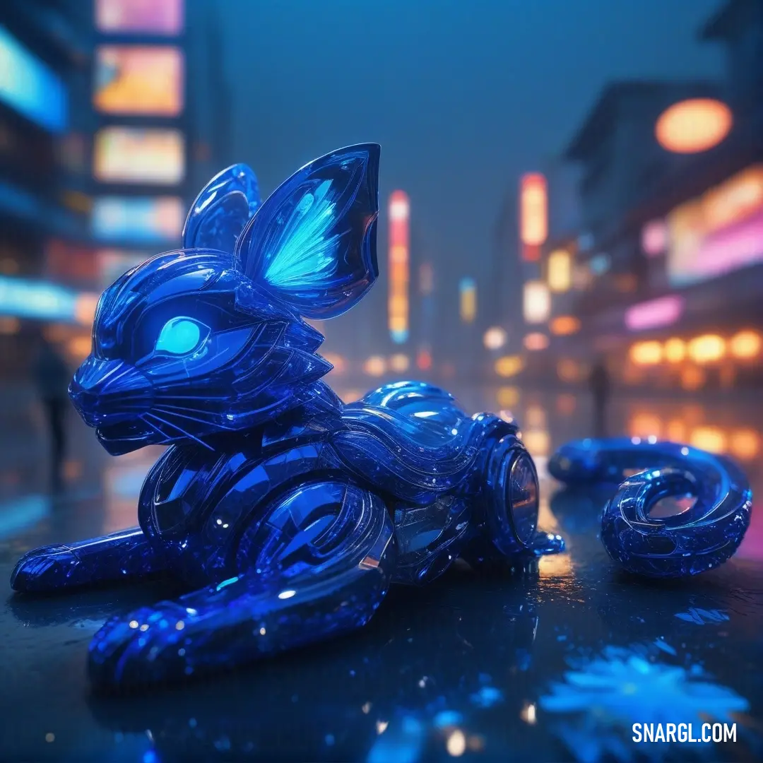 Blue glass cat on a table in a city at night with a neon light behind it and a blurry background. Color Violet Blue.