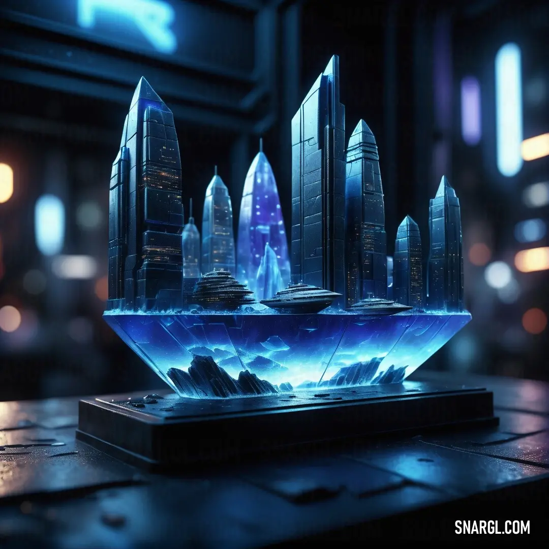Futuristic city with a futuristic blue light in the middle of it. Color Violet Blue.