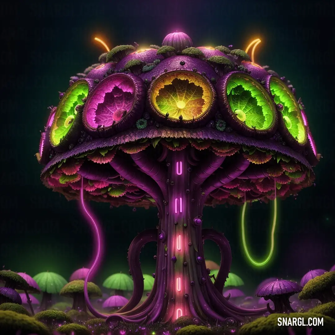 Futuristic mushroom like structure with a lot of green and purple things on it's surface and a light coming from the top of it