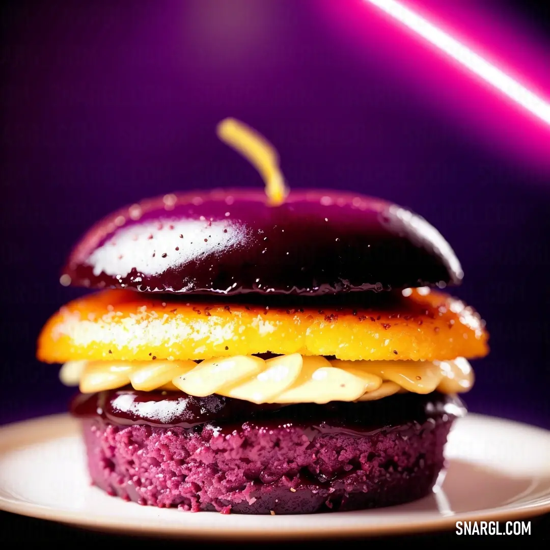 Purple dessert with a yellow frosting and a cherry on top of it on a plate with a purple light