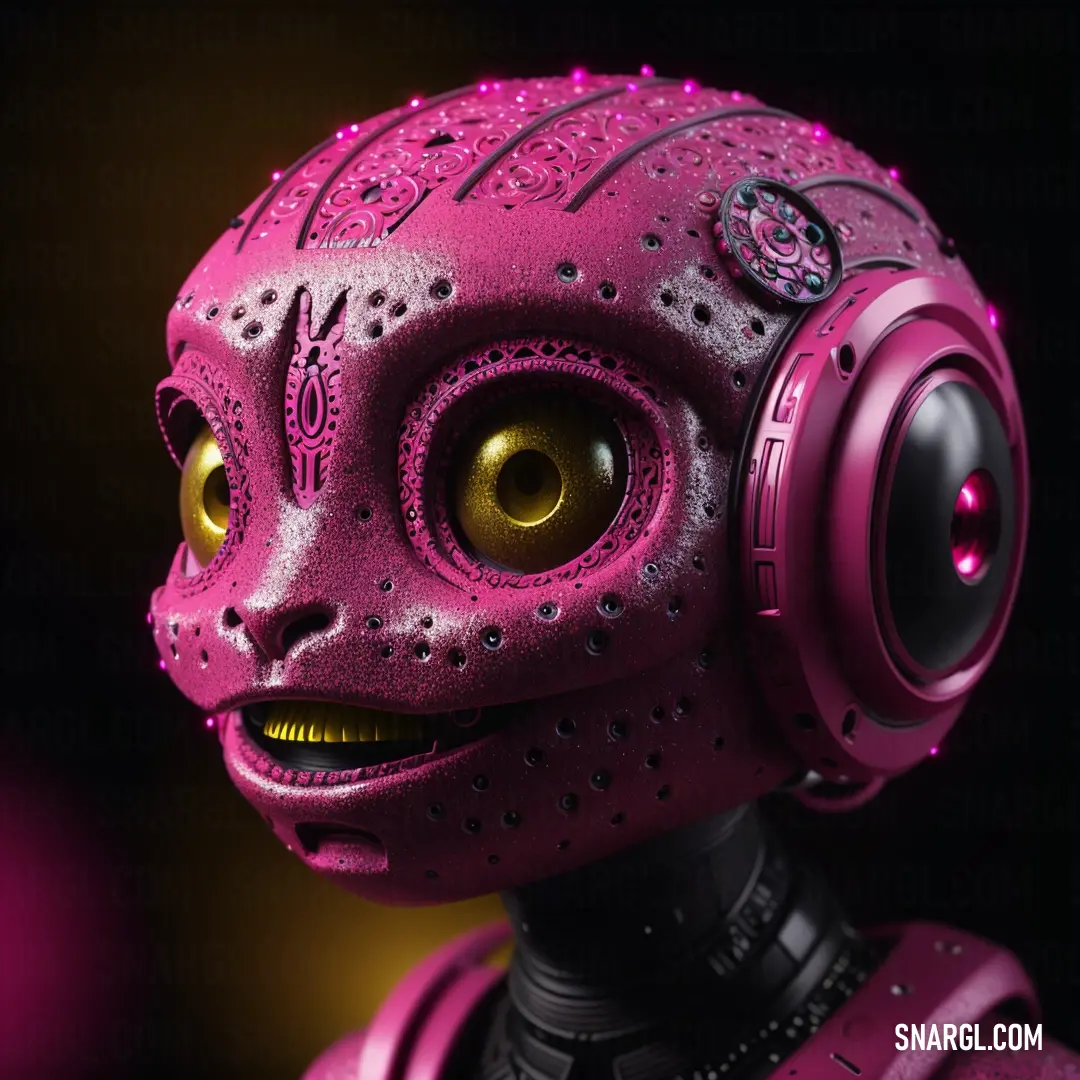 Robot with a pink head and yellow eyes is shown in this image