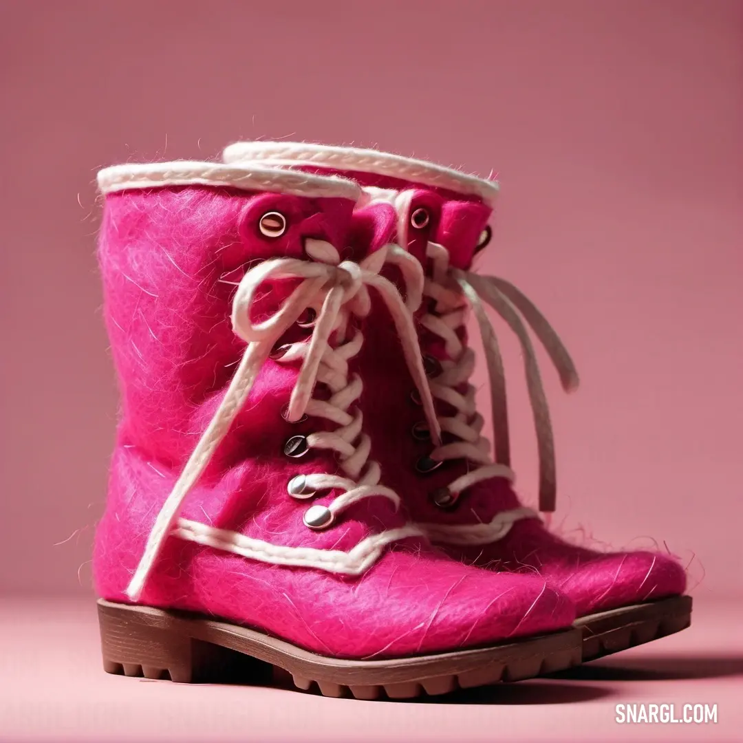 Pair of pink boots with white laces on them on a pink background. Example of CMYK 0,66,40,3 color.