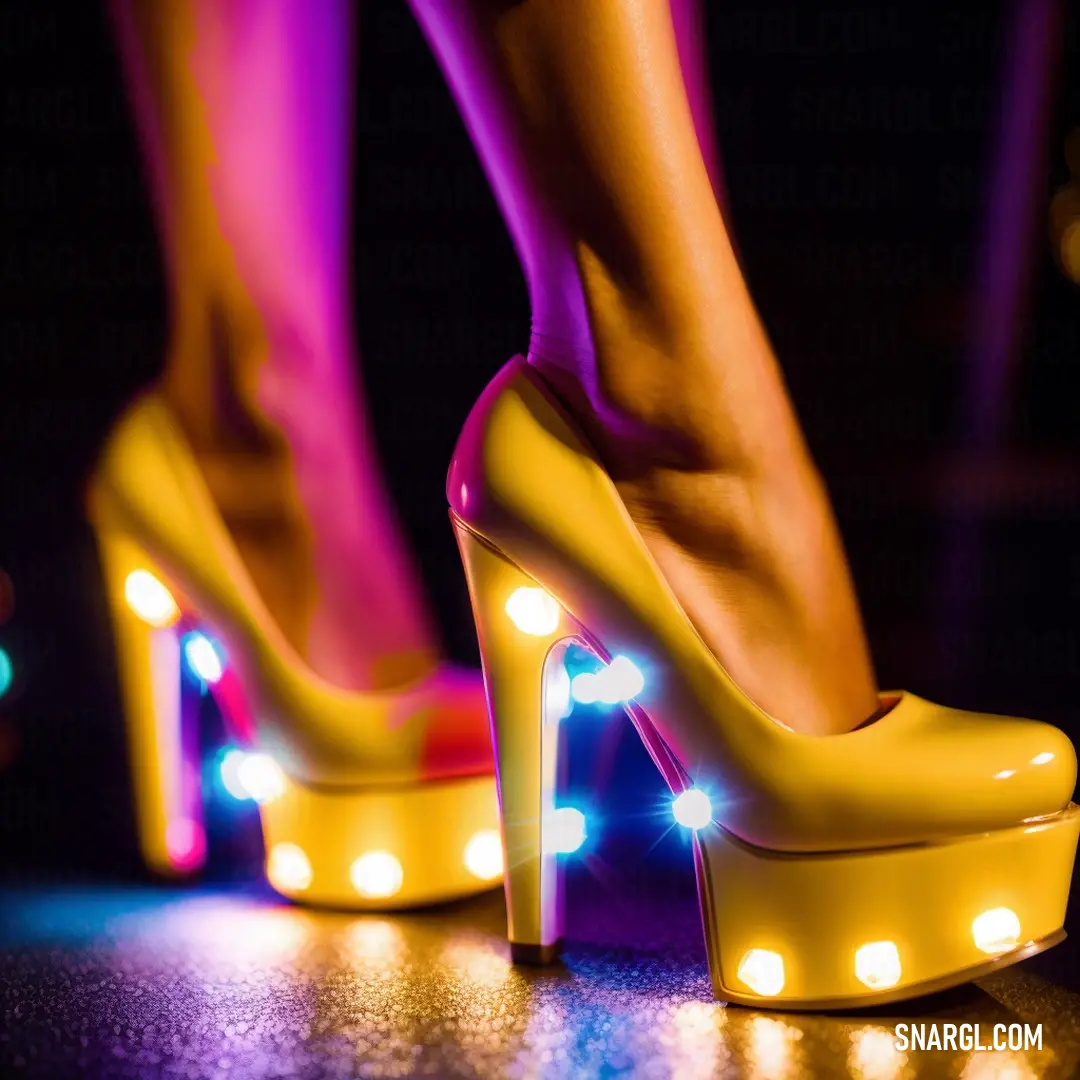 Woman's legs and heels with lights on them on a floor with a pair of legs in the background