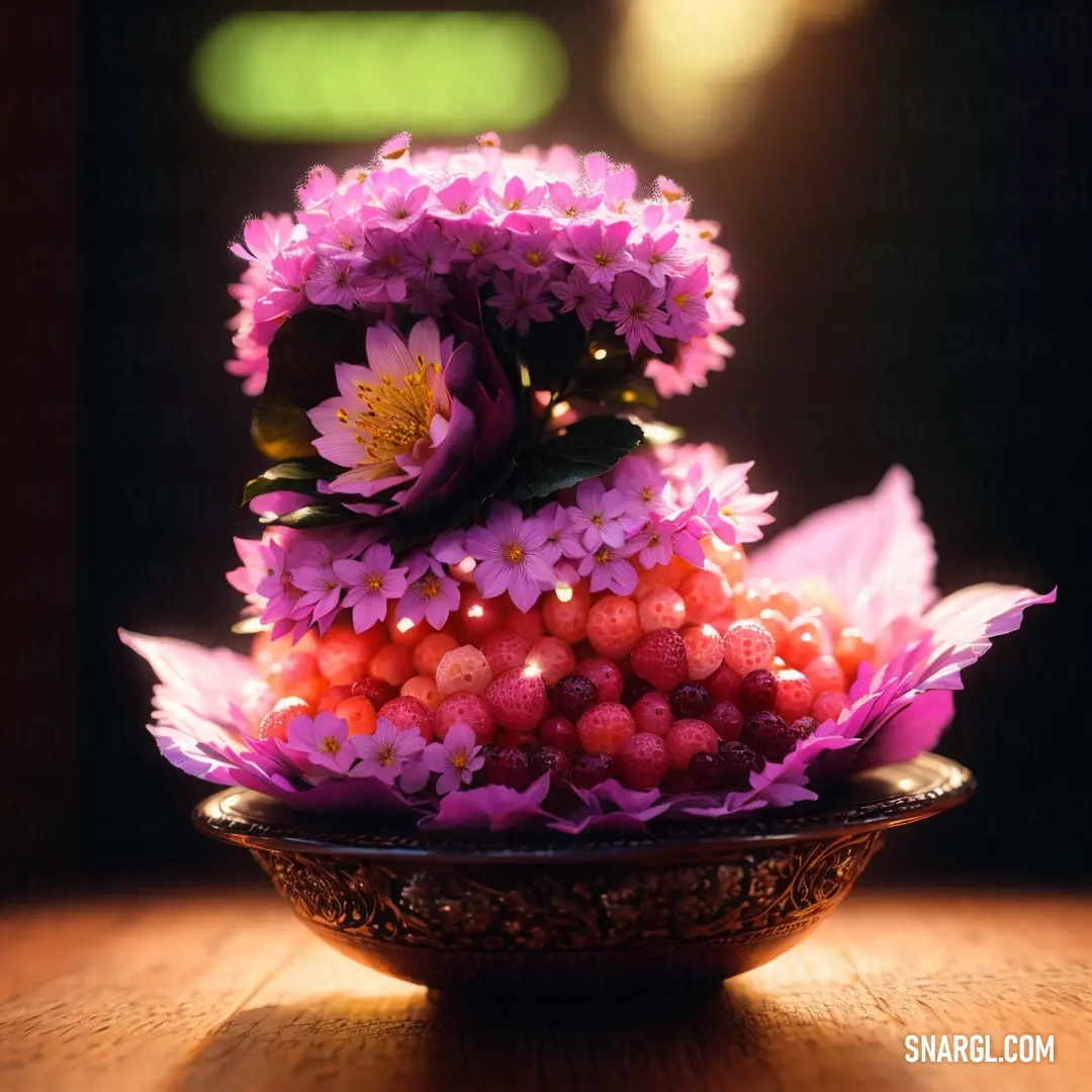 Bowl of flowers and berries on a table top with a light shining on the background of the bowl. Color #EE82EE.