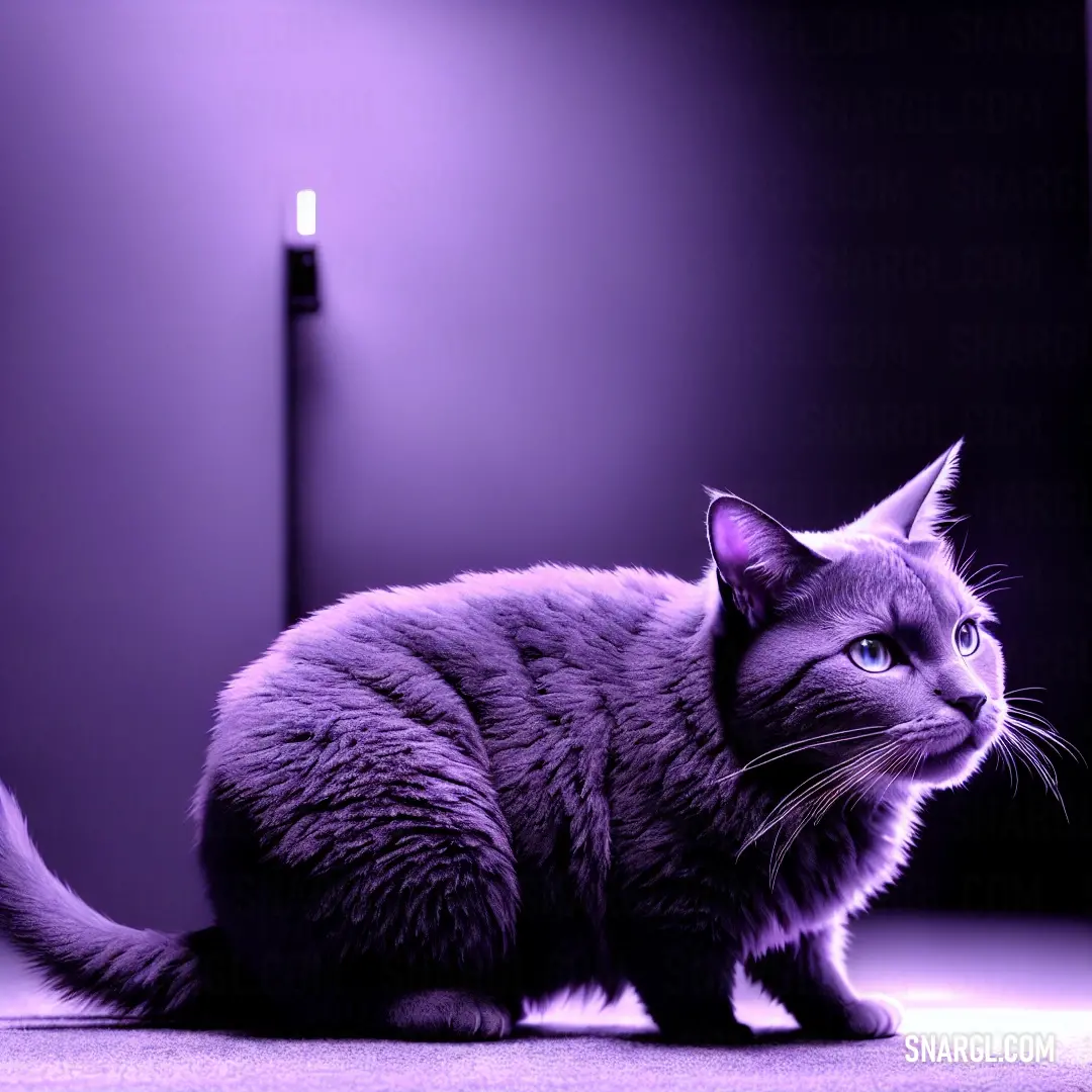 Cat on the floor in a room with purple lighting and a black background