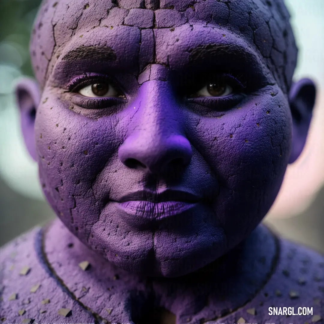 Close up of a person with purple paint on their face and neck and neck