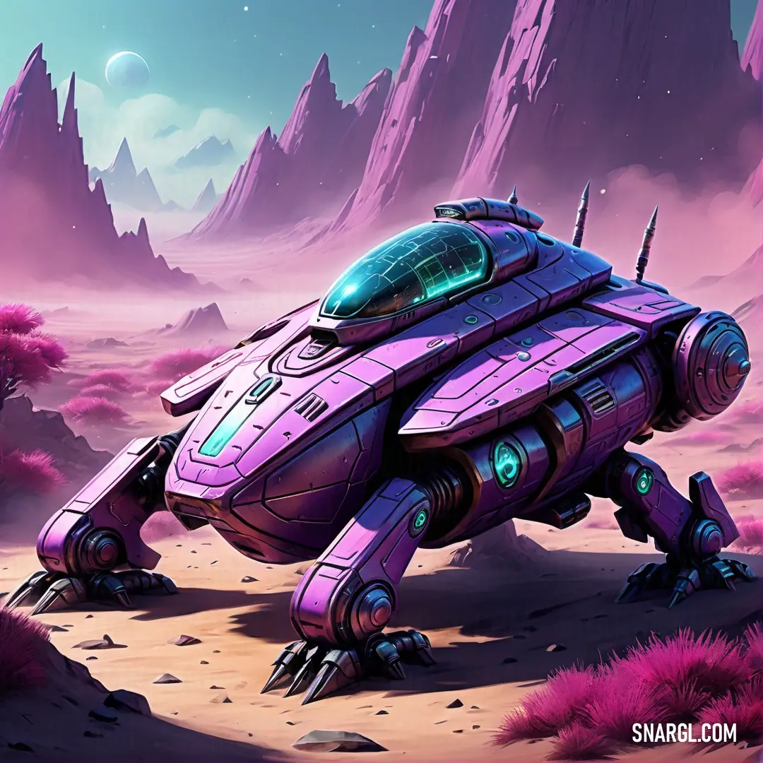 Futuristic vehicle in a desert landscape with mountains in the background. Color CMYK 0,45,0,7.