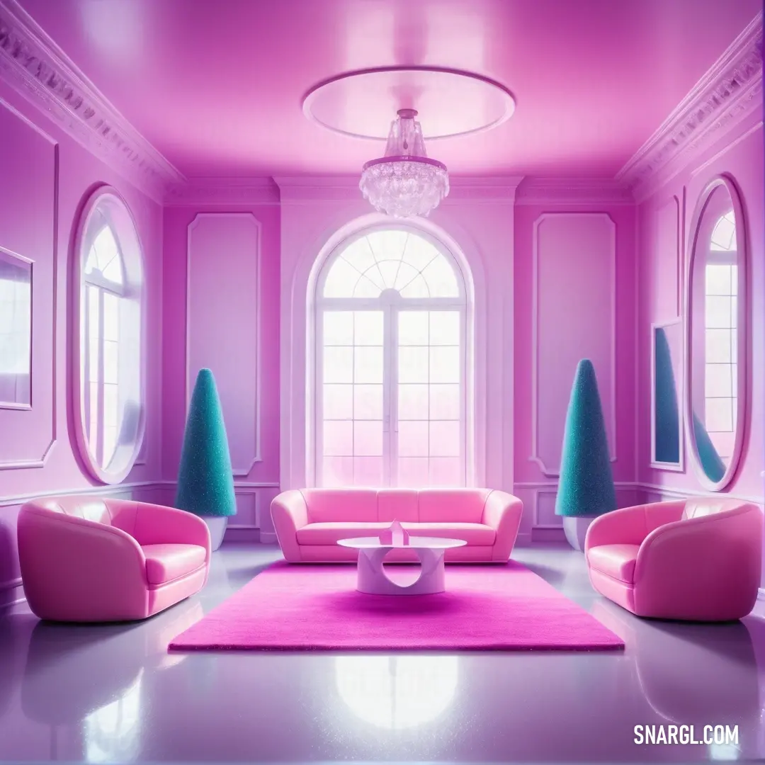 Living room with pink furniture and a chandelier above the couches and a pink rug on the floor. Example of CMYK 0,45,0,7 color.