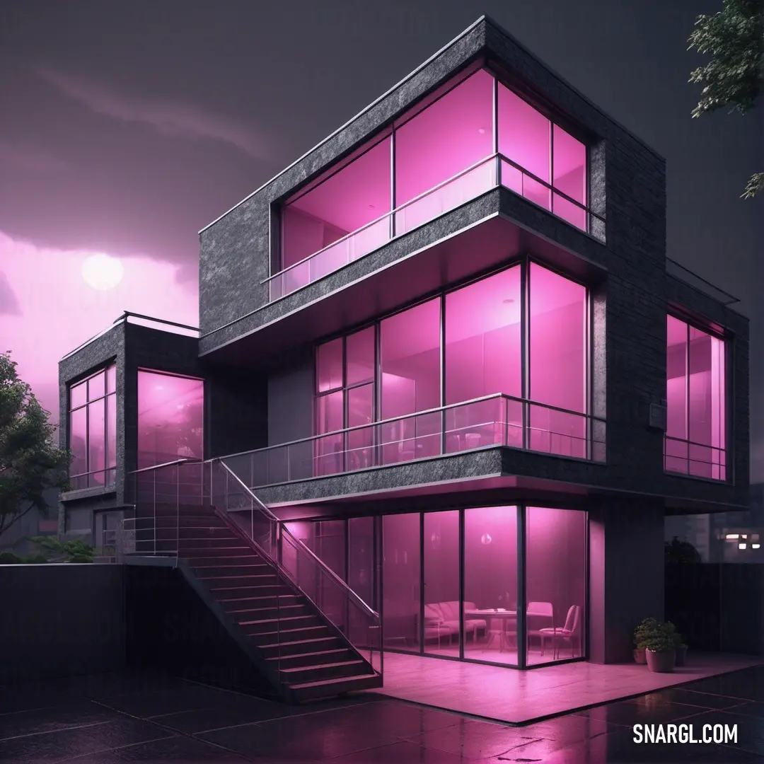 Violet color example: Modern house with a pink light on the outside of it and a staircase leading up to the upper floor