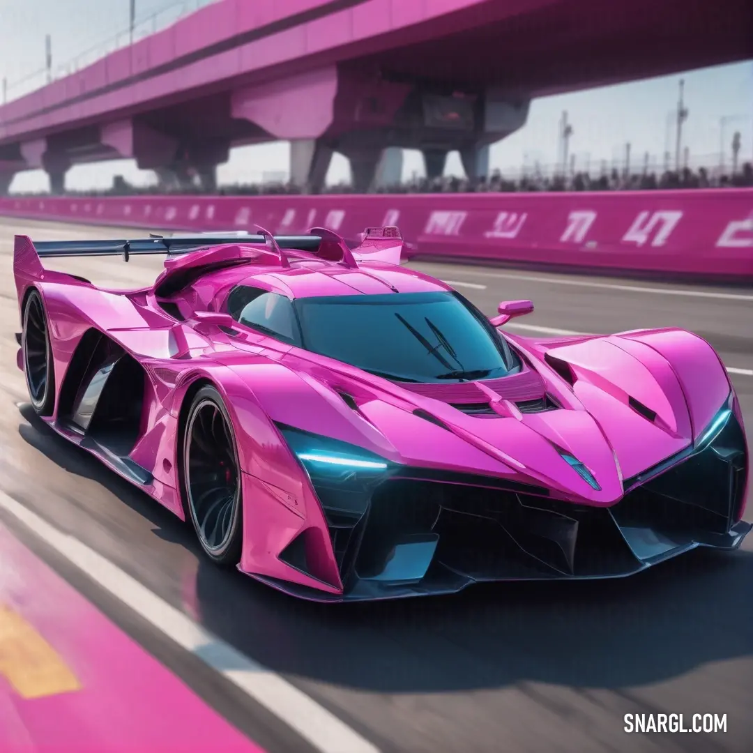 Pink car driving down a race track with a bridge in the background. Color #EE82EE.