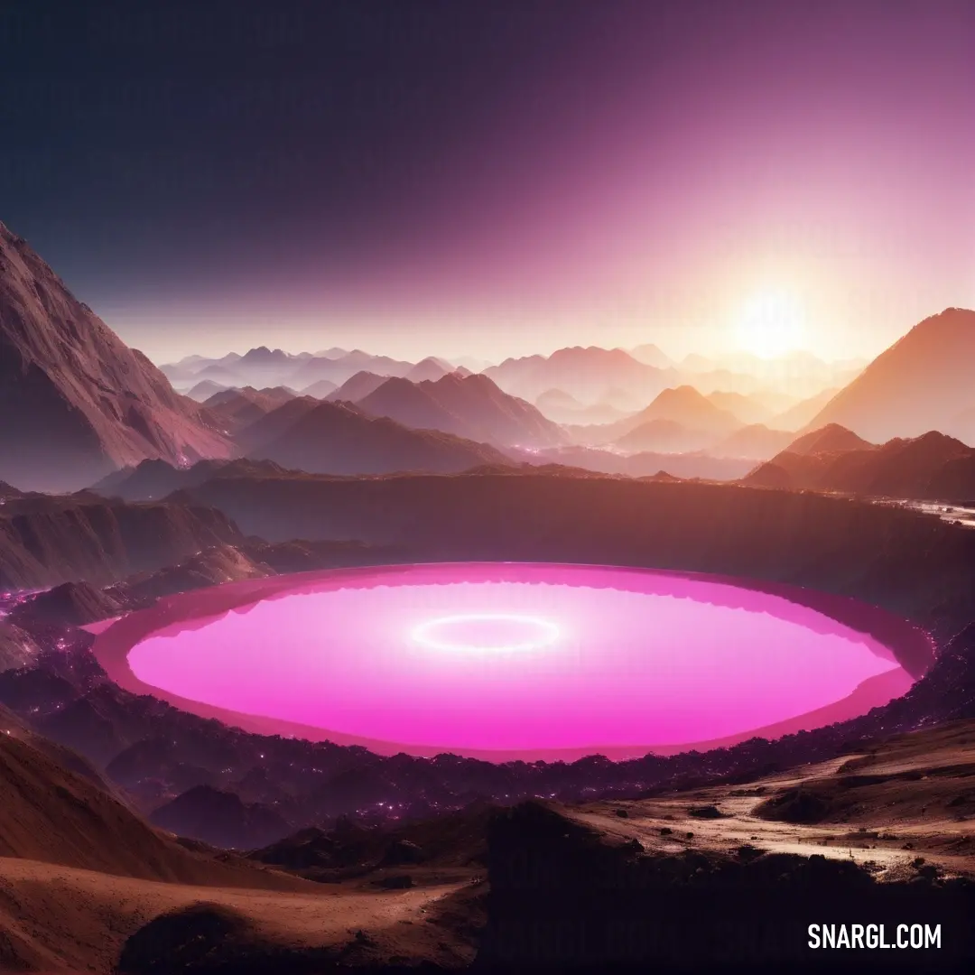 Pink crater in a mountainous area with a mountain range in the background and a pink light in the middle