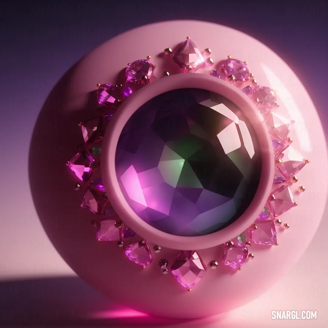 Pink vase with a purple center surrounded by pink crystals and pink stones on a purple background