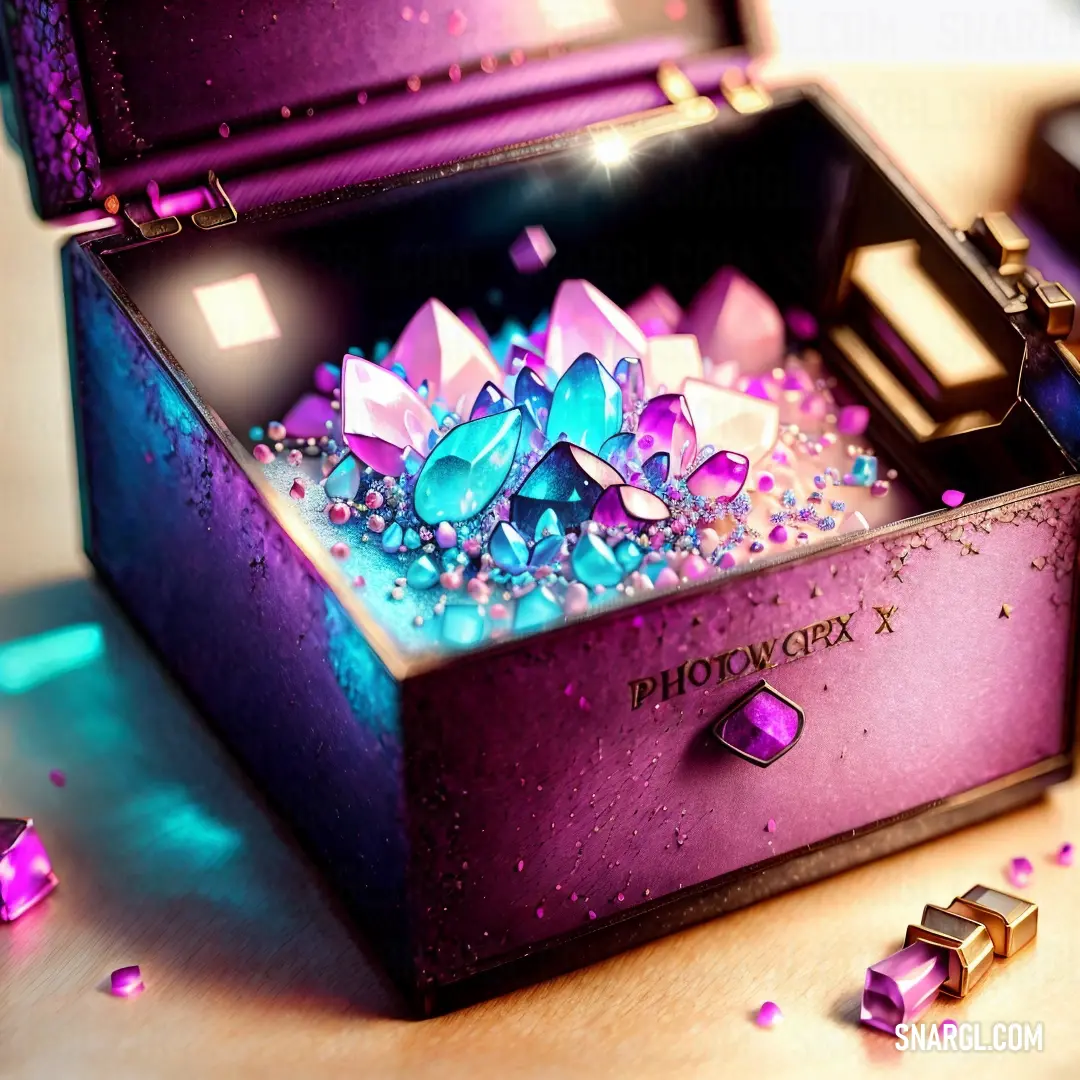 Violet color example: Purple box with jewels inside of it on a table next to other items
