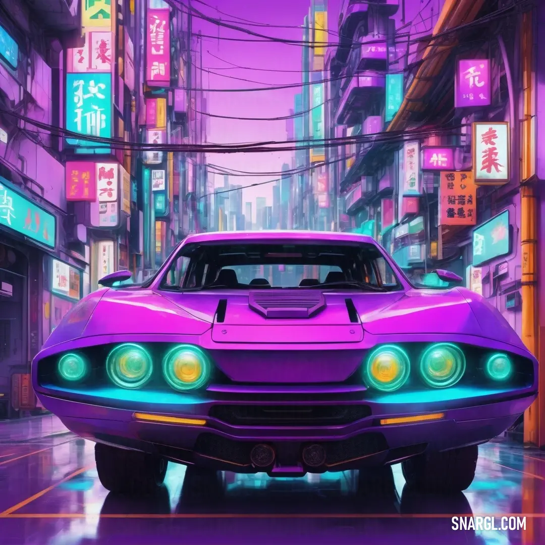 Purple car is parked in a city street with neon lights on it's headlightes. Color Violet.
