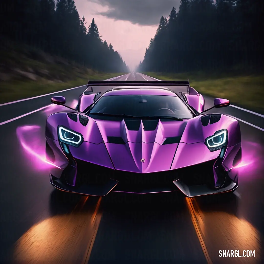Purple sports car driving down a road at night with headlights on it's side and trees in the background. Example of #EE82EE color.