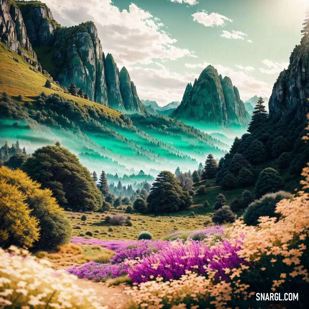 Painting of a mountain landscape with flowers and trees in the foreground. Color Violet.