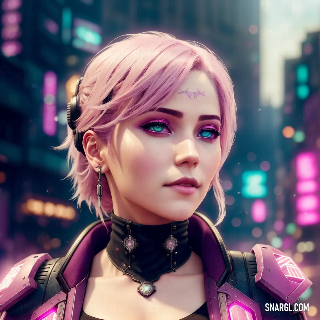 Woman with pink hair and a black collar and purple hair and a black collar and purple eyes and a city background