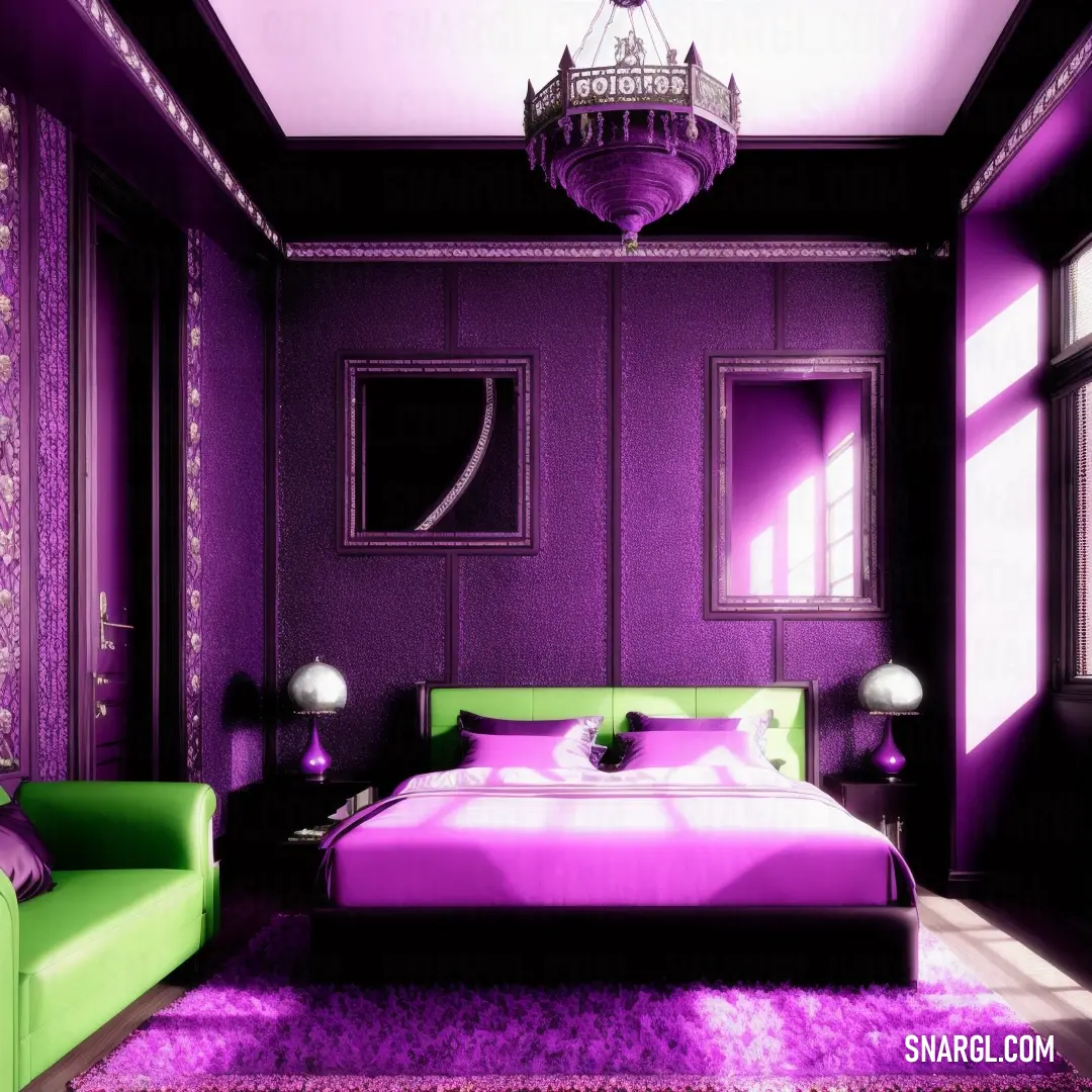 Bedroom with a purple and green color scheme and a green couch and a green chair and a purple rug. Color #991199.