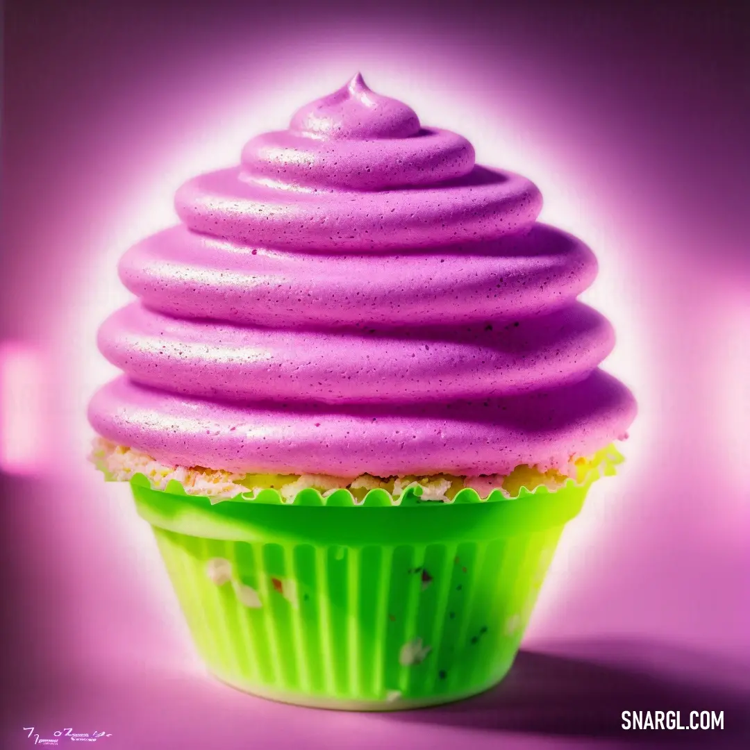 Cupcake with a pink frosting on top of it on a purple background with a shadow of a cupcake. Color Violet-Eggplant.