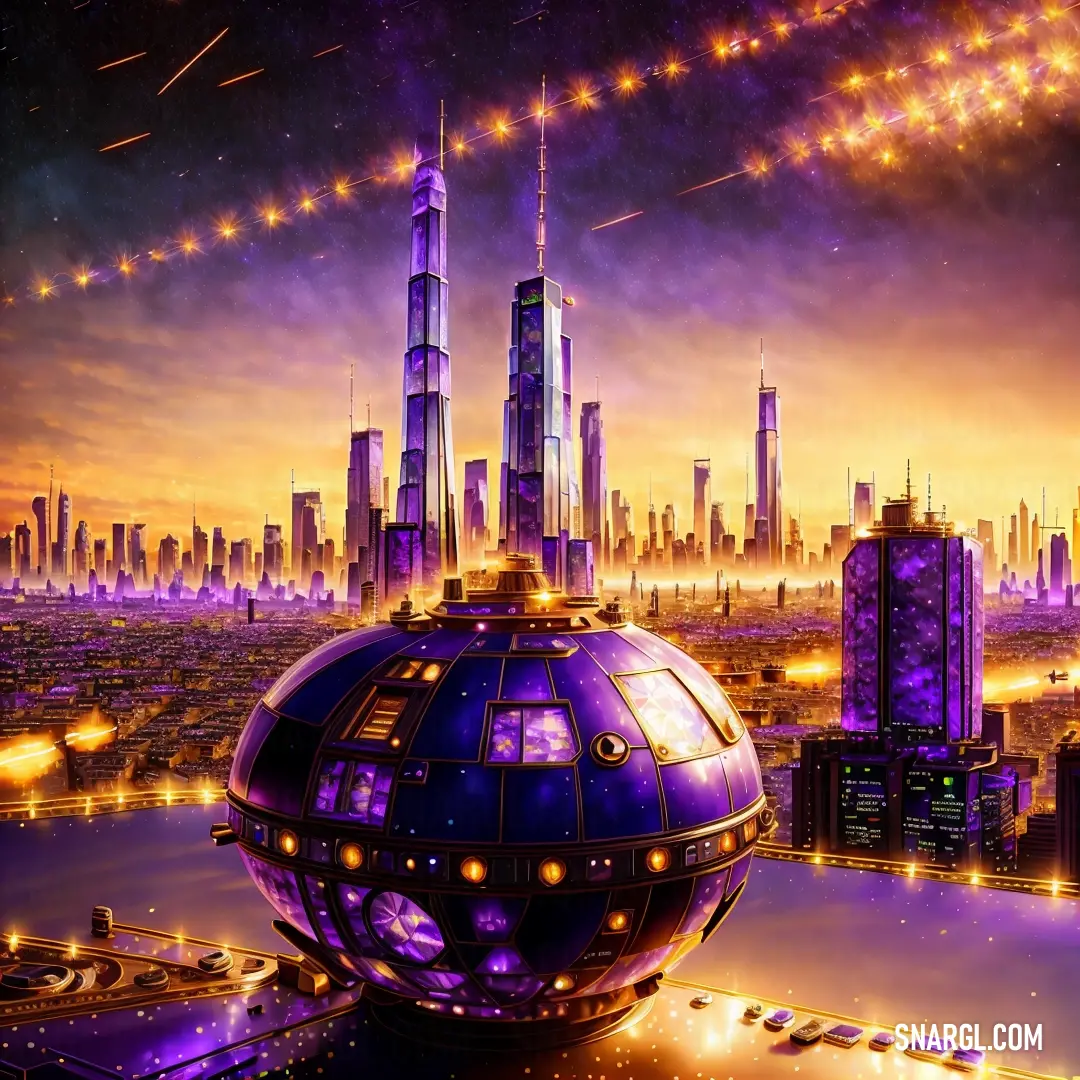 Futuristic city with a futuristic looking structure in the middle of it and a star filled sky above it. Color #991199.