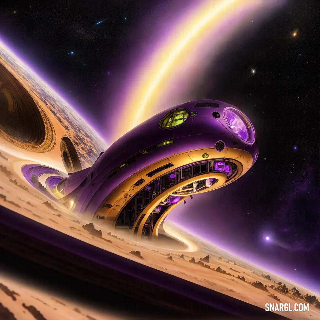 Violet-Eggplant color. Futuristic space station in the middle of a desert area with a distant planet in the background
