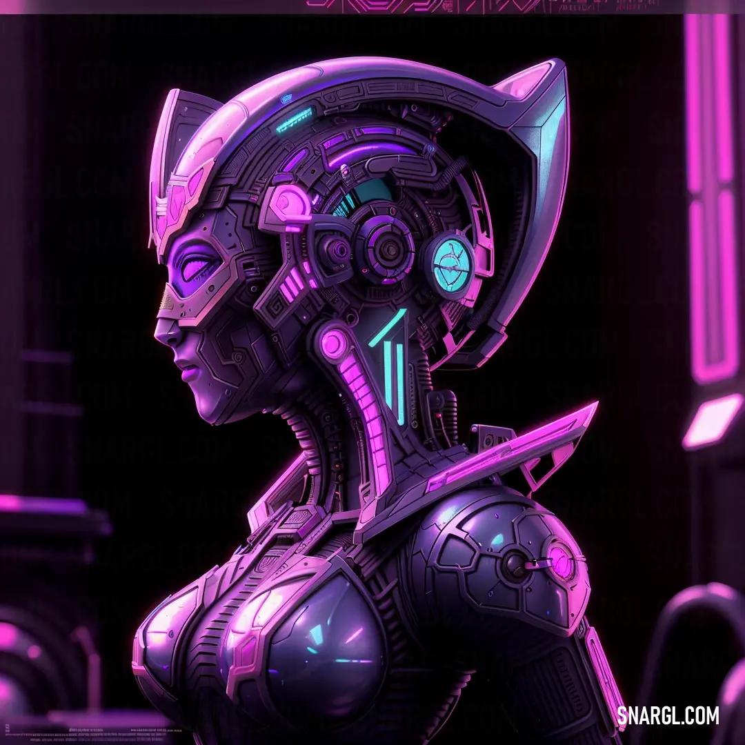 Futuristic woman in a purple and black suit with a futuristic helmet on her head and a sci - fi filament on her chest