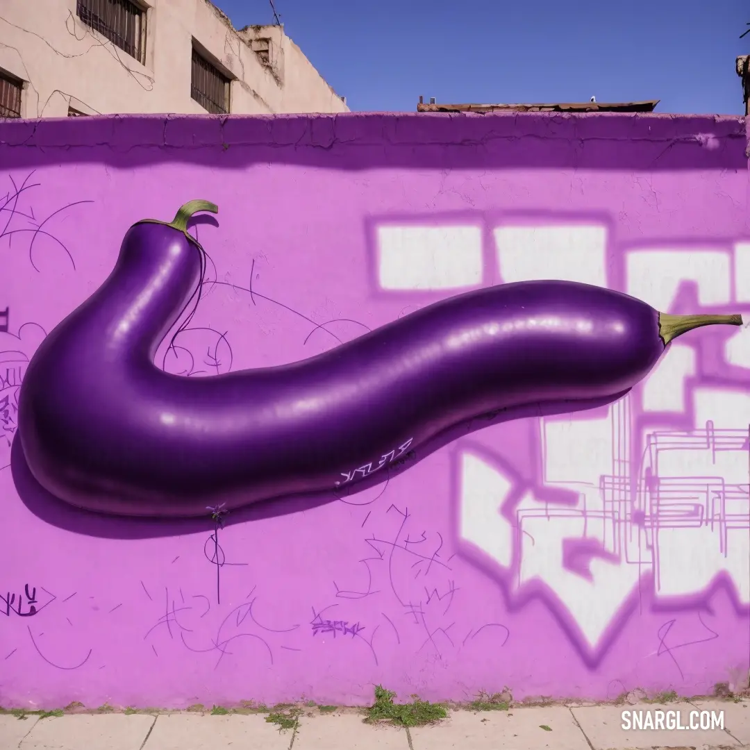 Giant purple object is painted on a wall in a city street