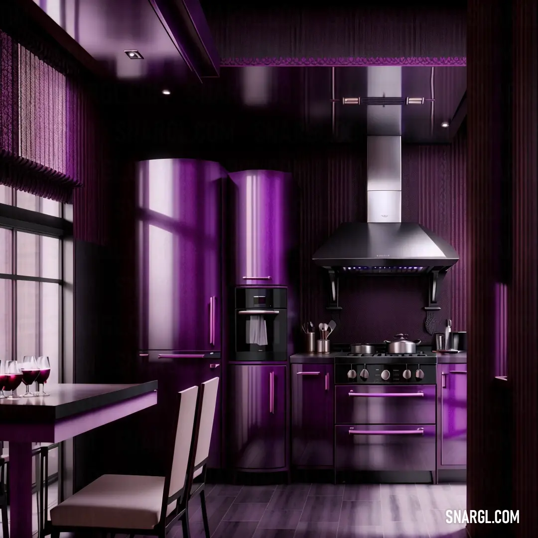 Kitchen with a purple color scheme and a stove top oven and a table with chairs and a table with chairs. Color RGB 153,17,153.