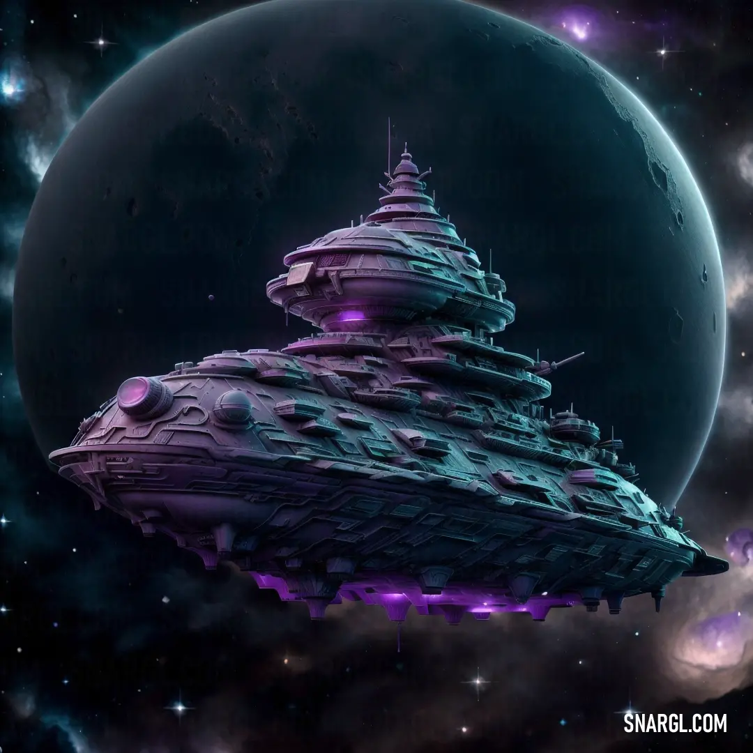 Large space ship floating in the sky next to a giant moon and stars in the background with a purple light