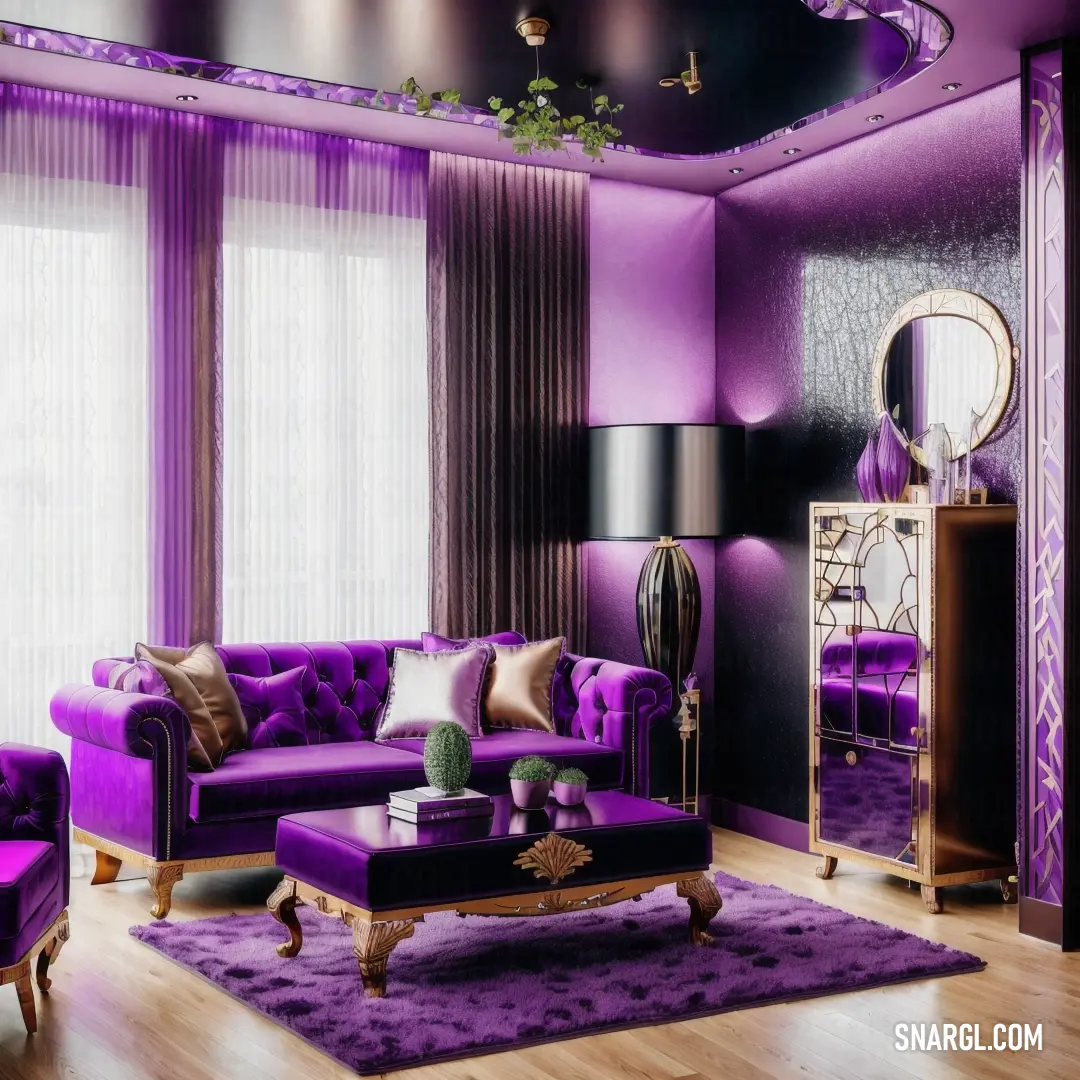 Violet-Eggplant color. Living room with purple furniture and a mirror on the wall above the couches and a purple rug