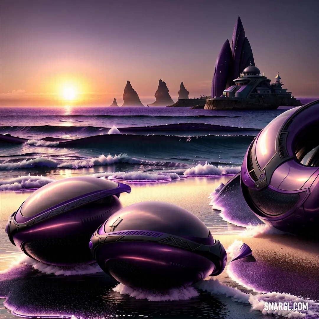 Painting of a beach scene with a purple floater and a castle in the background at sunset or sunrise