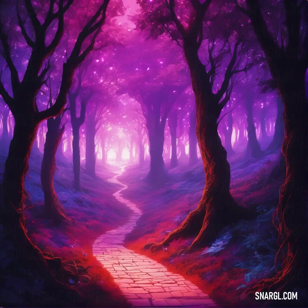 Painting of a path through a forest with purple lights and trees on either side of it. Color CMYK 0,89,0,40.