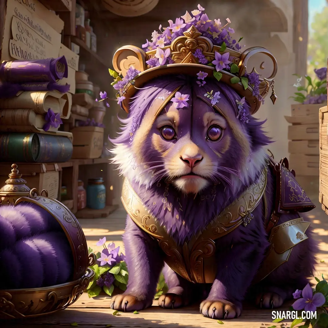 Panda bear wearing a crown and on the ground next to a pile of books and a purple egg
