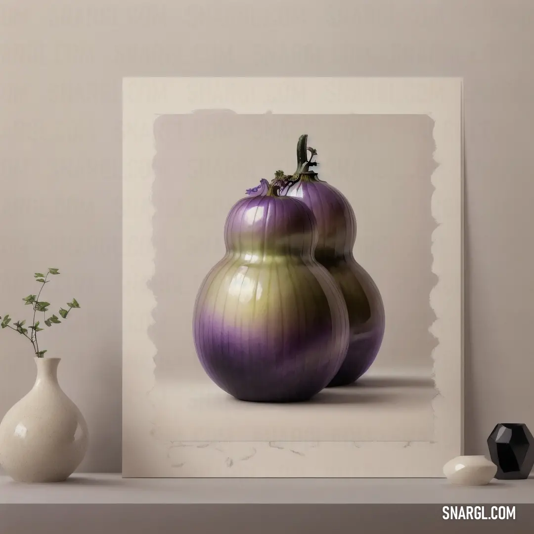 Picture of a vase with a flower in it and a picture of a onion on the shelf next to it