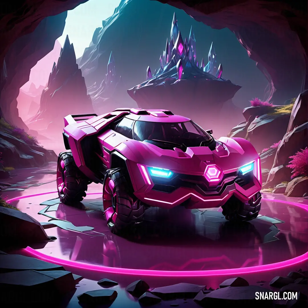 Pink car driving through a tunnel with a mountain in the background and a pink light on the front
