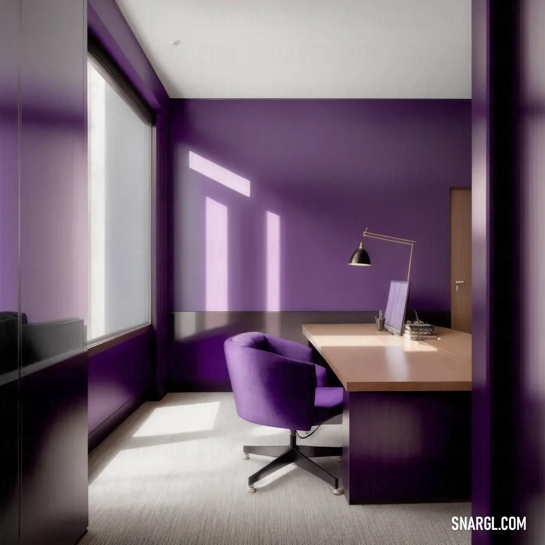 Purple chair in front of a desk in a room with a window and a lamp on it. Color #991199.