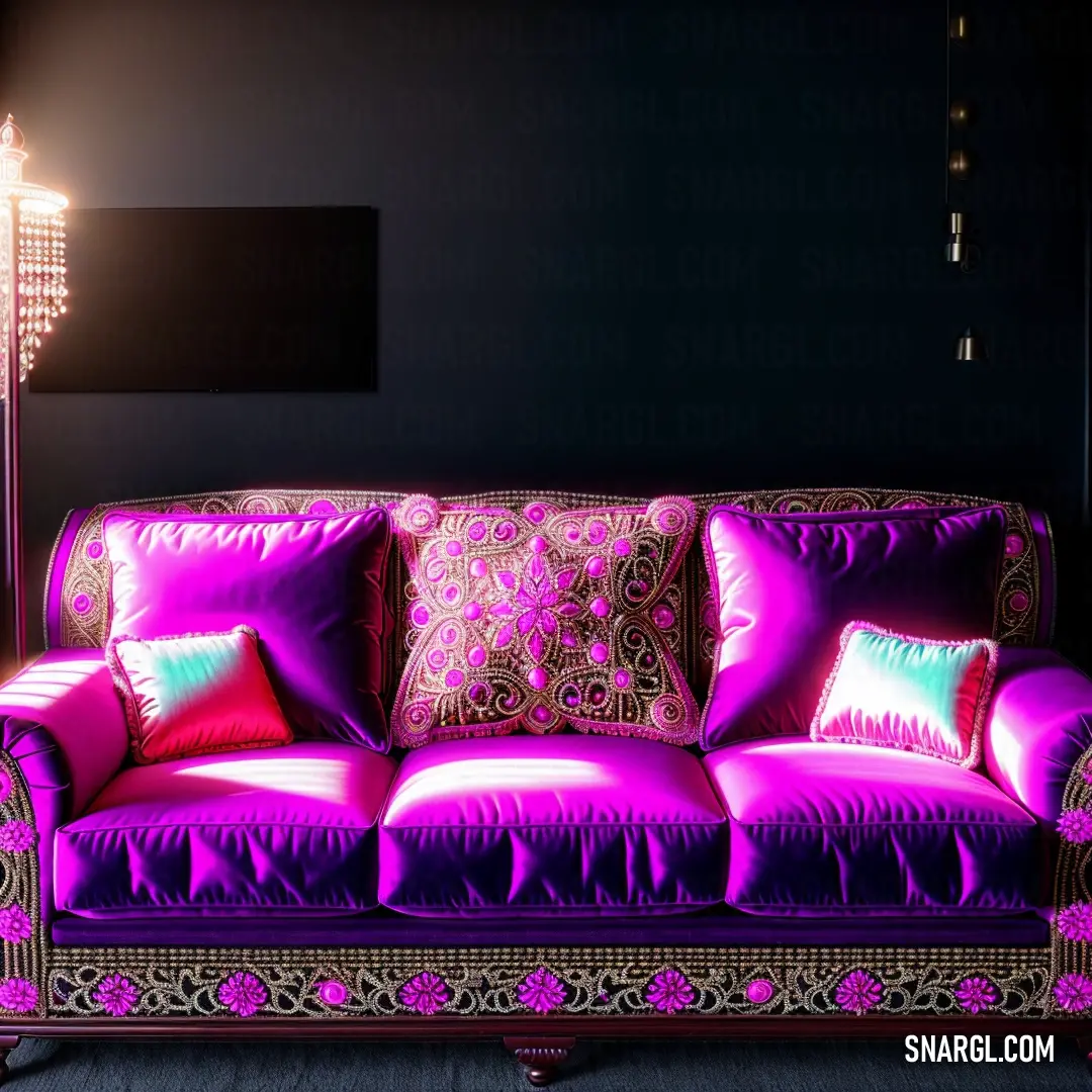 Purple couch with a pink pillow and a lamp on a table in a dark room with a black wall. Color RGB 153,17,153.